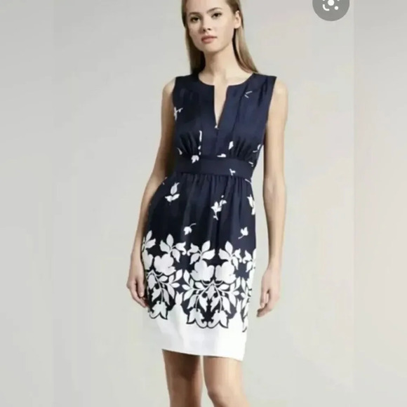 KATE SPADE Silk Dress Navy Blue White Floral 4 Silk V-Neck Lace Lining Dress - Picture 1 of 8